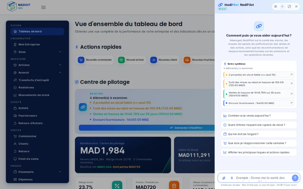 Panneau NadiPilot ouvert à côté du tableau de bord, avec la synthèse et les questions suggérées