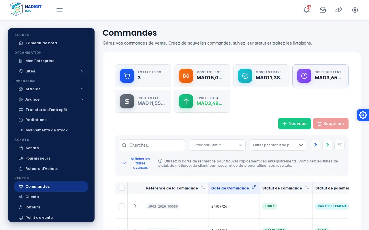 Liste des commandes avec trois ventes du jour, leurs statuts et leurs montants
