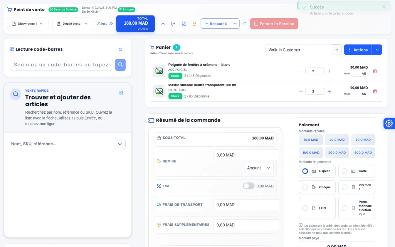 Panier du point de vente avec quatre articles et un total de 244,00 MAD
