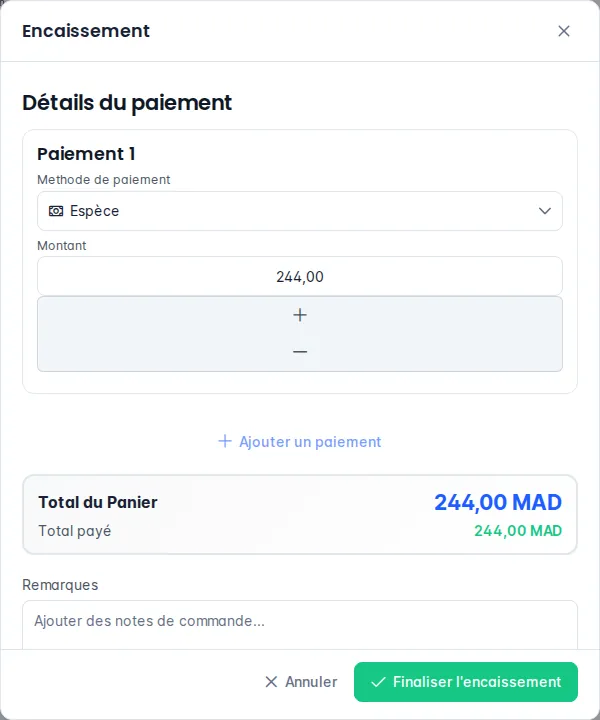 Fenêtre Encaissement avec le détail du paiement et la case Imprimer le reçu