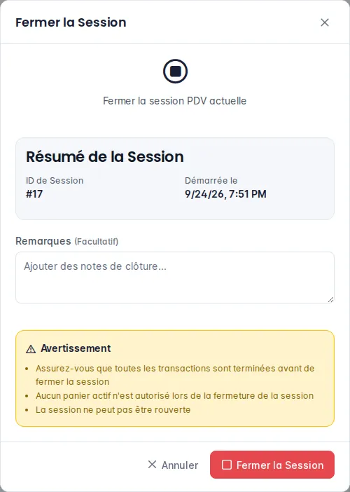 Fenêtre Fermer la Session avec le résumé de la session et les avertissements