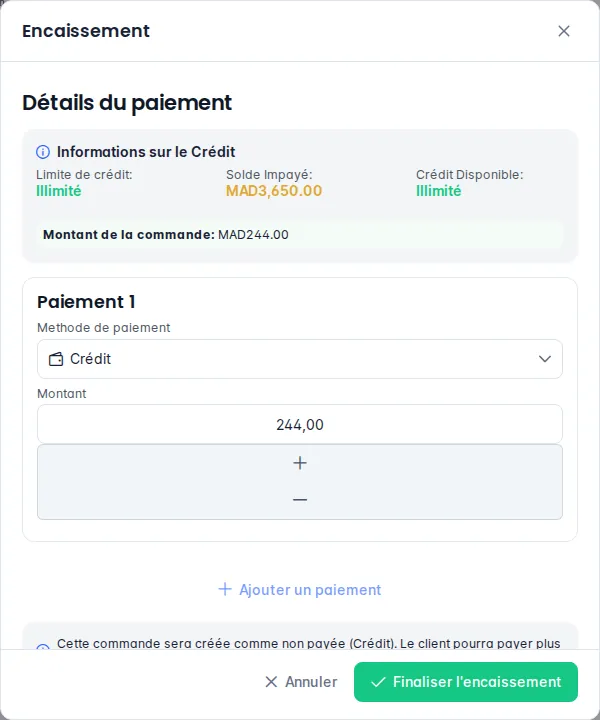 Fenêtre Encaissement en mode Crédit avec la limite, le solde impayé et le crédit disponible du client