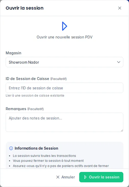 Fenêtre « Ouvrir la session » du point de vente, avec le magasin Showroom Nador