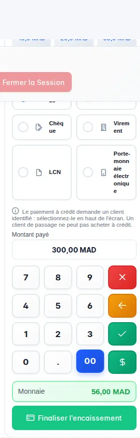 Panneau Paiement : modes de paiement, montant payé 300 MAD et monnaie 56 MAD