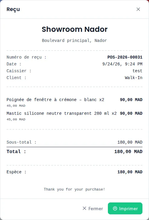 Fenêtre Reçu après une vente en espèces, avec les boutons Fermer et Imprimer