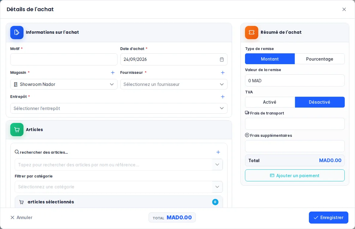 Fenêtre Détails de l'achat : motif, date, magasin, fournisseur, entrepôt et articles