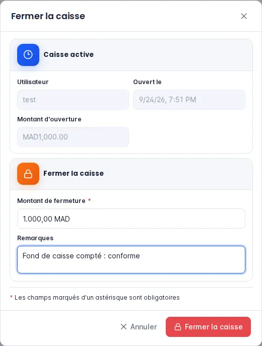 Fenêtre Fermer la caisse avec le montant d'ouverture, le montant de fermeture et les remarques