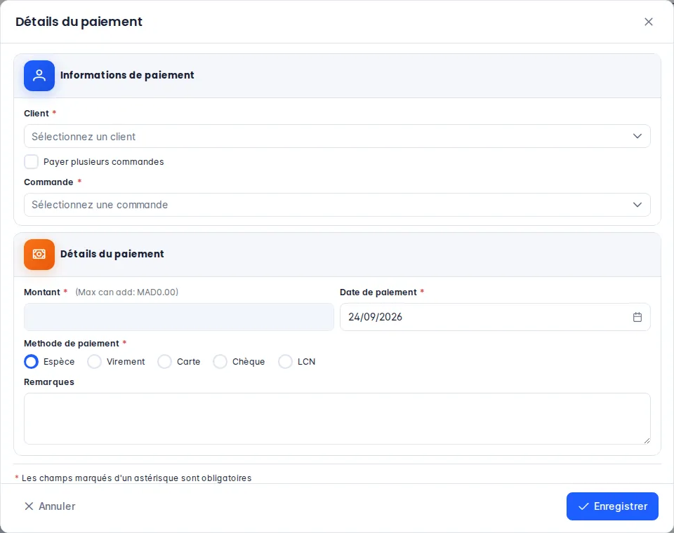 Fenêtre Détails du paiement : client, commande, montant, date et méthode de paiement