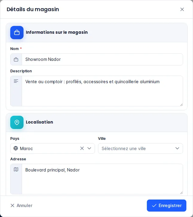 Fenêtre Détails du magasin : nom, description et localisation