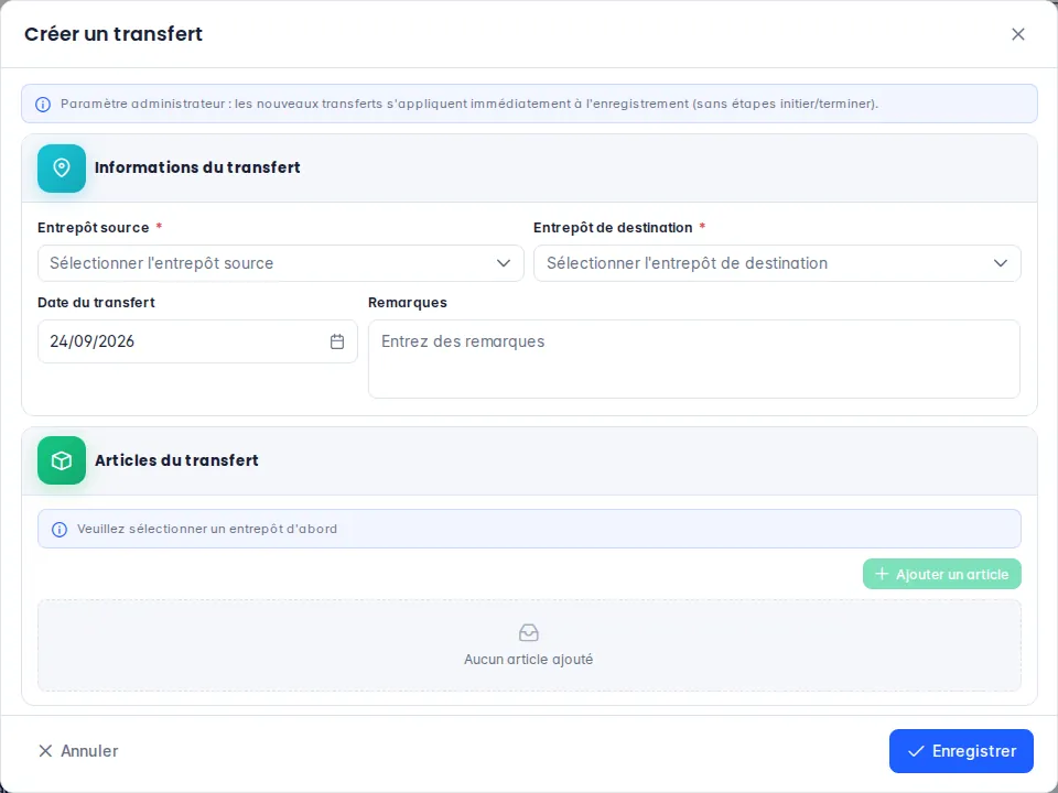 Fenêtre Créer un transfert avec les entrepôts source et destination et les articles du transfert