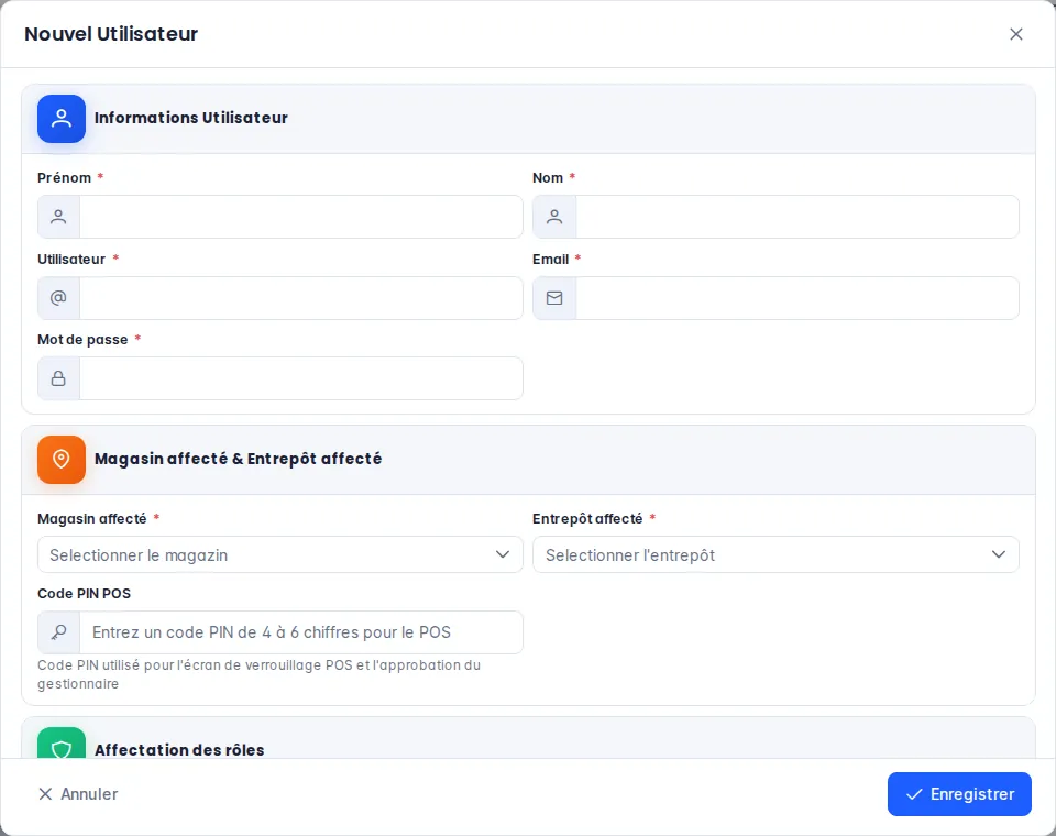 Fenêtre Nouvel Utilisateur : informations, magasin et entrepôt affectés, code PIN et rôles